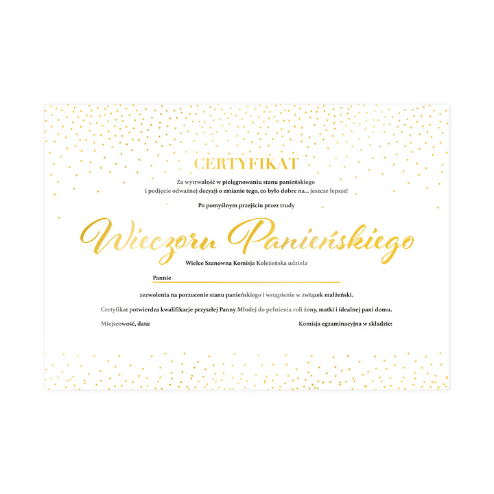 Certyfikat Wieczór Panieński gold
