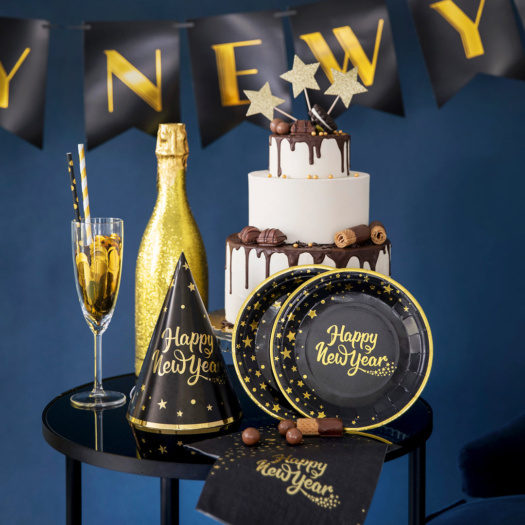 Talerzyk papierowy Happy New Year czarny 7cali 6szt.