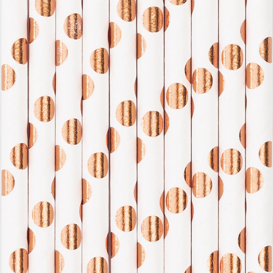 Słomki białe w kropki rose gold 10szt.